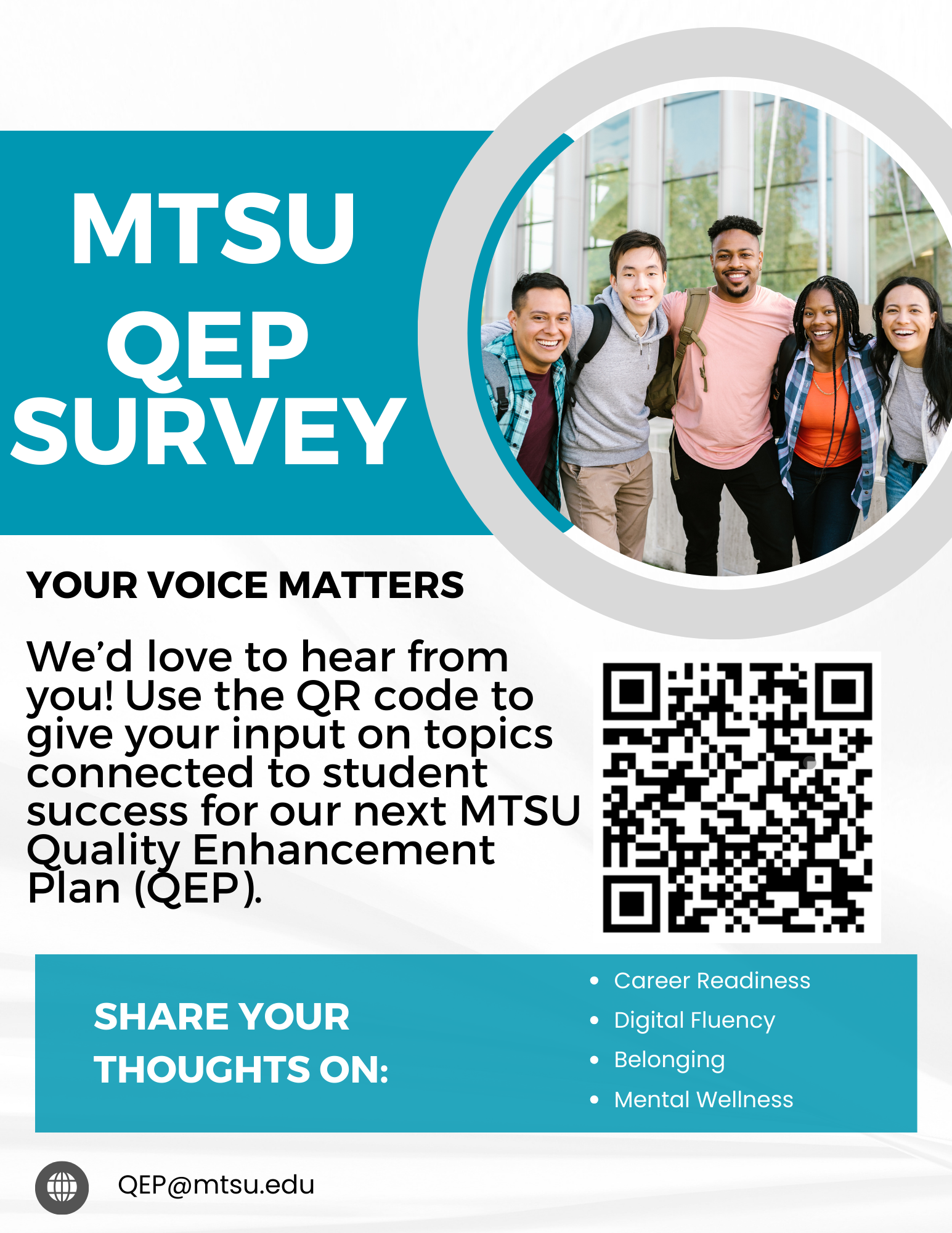 MTSU QEP Survey
We'd love to hear from you! Use the QR code to give your input on topics connected to student success for our next MTSU Quality Enhancement Plan (QEP).

https://mtsu.ca1.qualtrics.com/jfe/form/SV_eEu5eb19ffg78O2